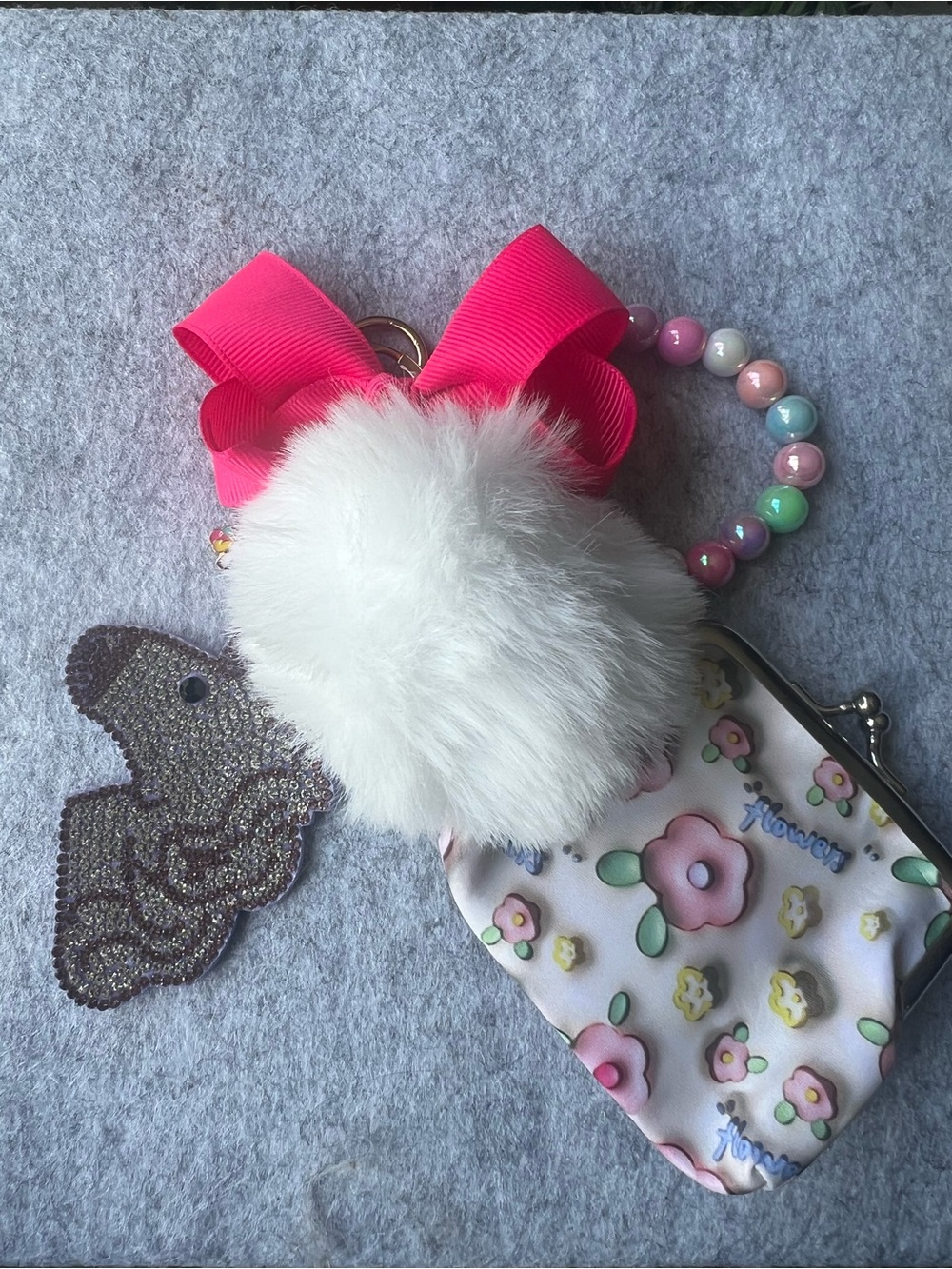 White Pom Pom bag charm Pastel Bead Wristlet